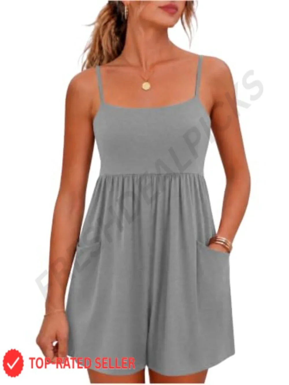 Women's Cotton Romper Jumpsuit with Pockets Square Neck Adjustable Straps